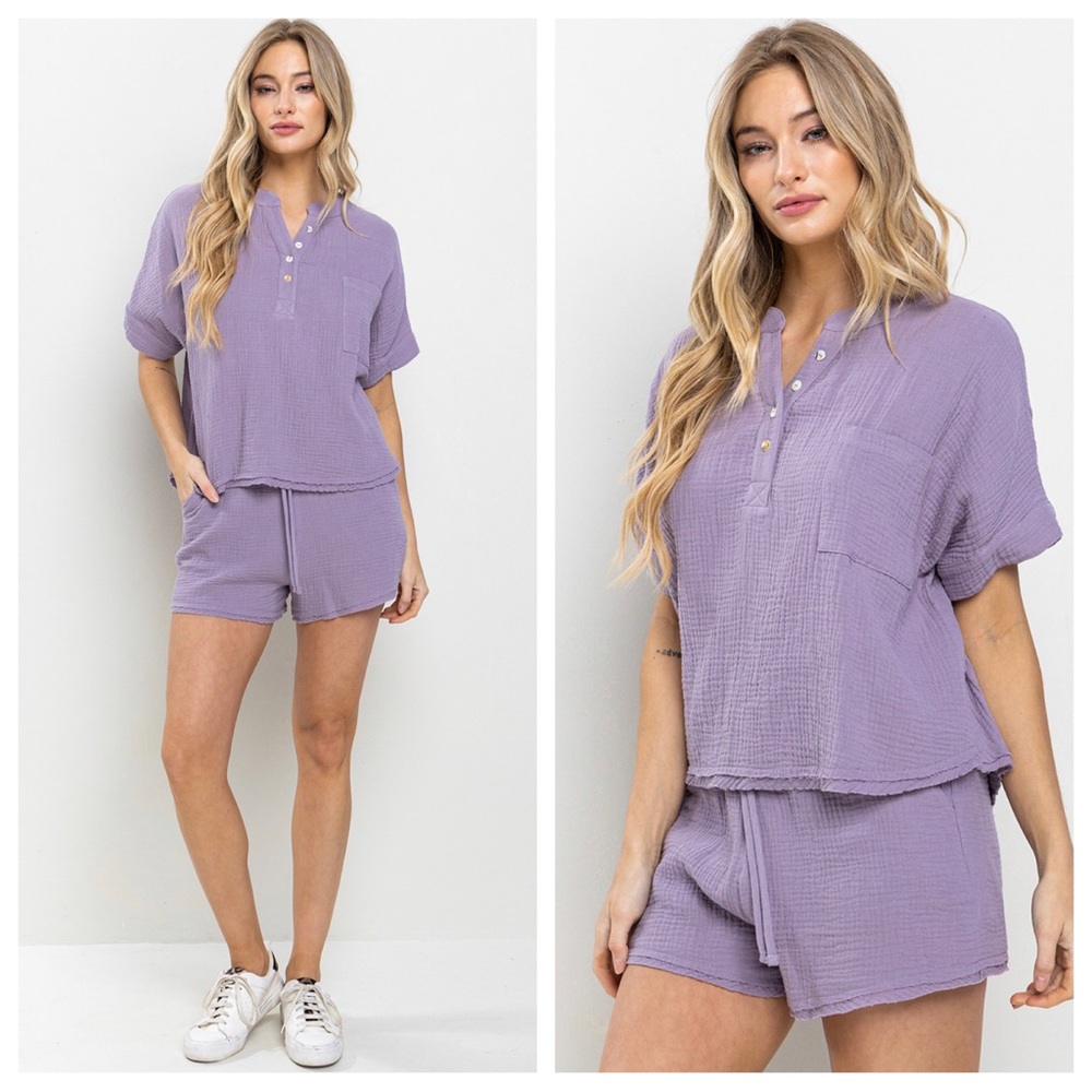 39 Boho Cotton Gauze Short Sleeve Top and Shorts Set - Picture 1 of 4